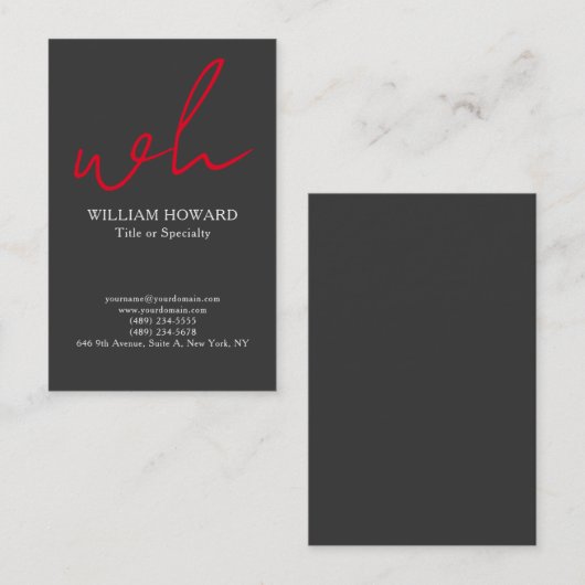 Stylish Vertical Modern Monogram Grey Red 名刺 (正面/裏面)