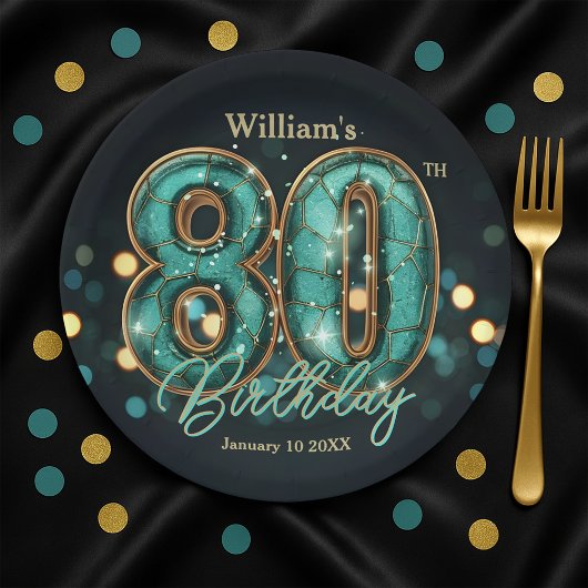 Stylish Vibrant Teal and Gold 80th Birthday ペーパープレート