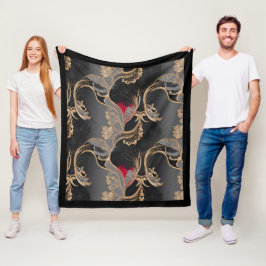 Stylish Vintage Floral Lace Pattern Red Black Gold フリースブランケット