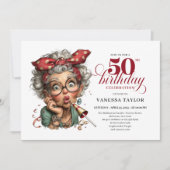 Stylish Whimsical Woman 50th Birthday Funny Cartoo 招待状 (正面)