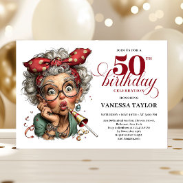 Stylish Whimsical Woman 50th Birthday Funny Cartoo 招待状
