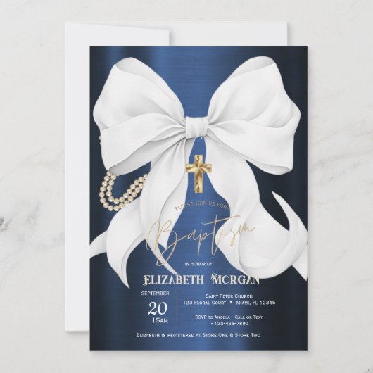 Stylish White Bow Pearls Navy Blue Metallic 招待状 (正面)