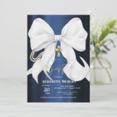 Stylish White Bow Pearls Navy Blue Metallic 招待状 (スタンド正面)