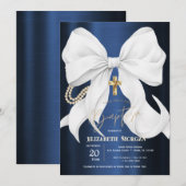 Stylish White Bow Pearls Navy Blue Metallic 招待状 (正面/裏面)