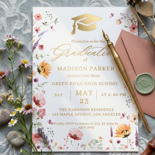 Stylish Wildflower Meadow Garden  Graduation 箔招待状