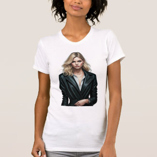 Stylish Woman in Black Leather Coat – Fashion Digi Tシャツ