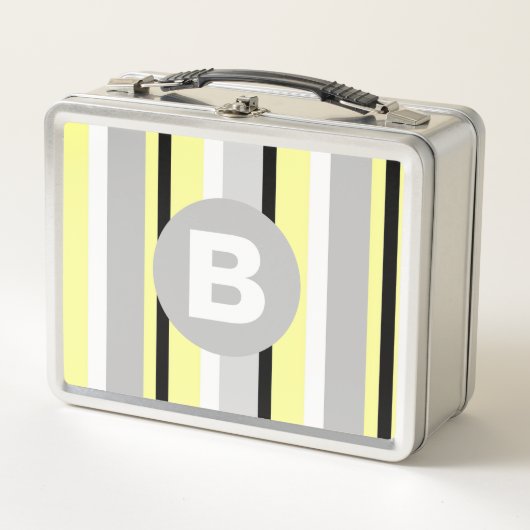 Stylish Yellow and Grey Striped Monogram メタルランチボックス (正面)
