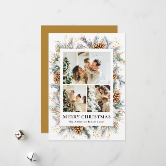 Stylish Yellow Botanical Photo Frame Christmas シーズンカード (正面/裏面インサイチュ)