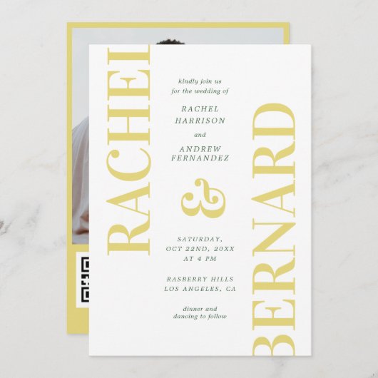 Stylish Yellow & Green Typography QR Code Wedding 招待状 (正面/裏面)