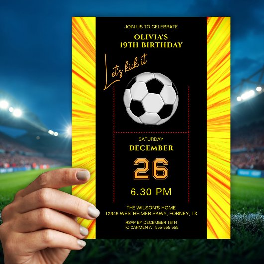 Stylish Yellow Soccer Birthday Invitation 招待状