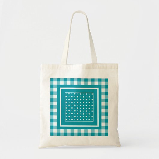 StylishTote Bag, Teal Polka Dots and Check Gingham トートバッグ (正面)
