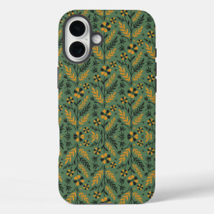  stylized なオレンジと黒の花の植物パターン iPhone 16 plusケース