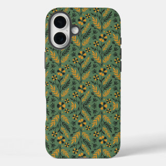 stylized なオレンジと黒の花の植物パターン iPhone 16 plusケース