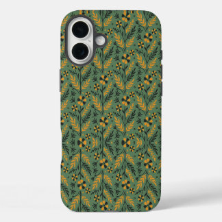 stylized なオレンジと黒の花の植物パターン iPhone 16 plusケース