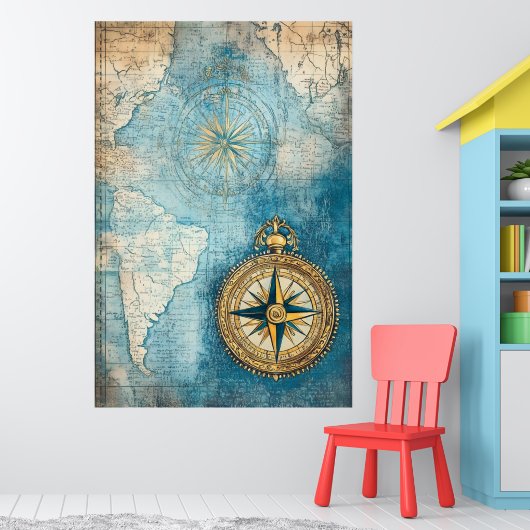stylized antique map superimposed on a large gold ポスター (子ども部屋1)