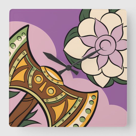 Stylized Axe and Flower Design スクエア壁時計 (正面)