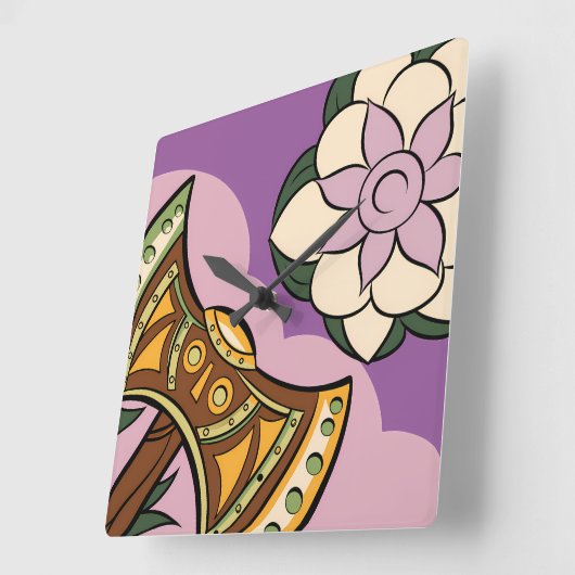 Stylized Axe and Flower Design スクエア壁時計 (傾斜)