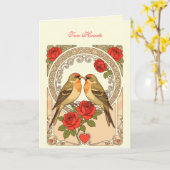 Stylized Birds and Red Roses Art Nouveau カード (黄色い花)