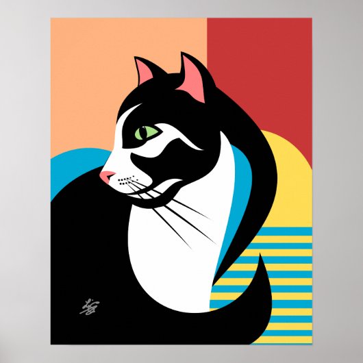 Stylized Black and White Cat Art ポスター (正面)