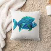 Stylized Blue and Green Fantasy Fish クッション (ブランケット)