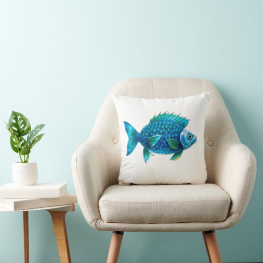 Stylized Blue and Green Fantasy Fish クッション (椅子)