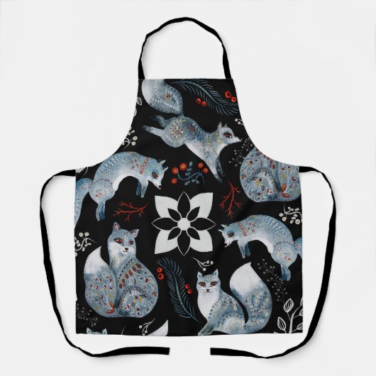  Stylized blue foxes with intricate floral designs エプロン (正面)