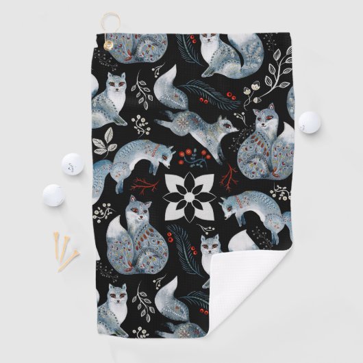  Stylized blue foxes with intricate floral designs ゴルフタオル (インサイチュ)