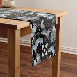  Stylized blue foxes with intricate floral designs ショートテーブルランナー