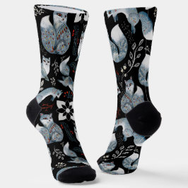  Stylized blue foxes with intricate floral designs ソックス