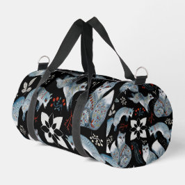  Stylized blue foxes with intricate floral designs ダッフルバッグ