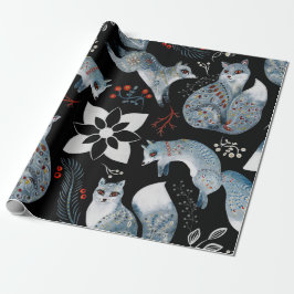  Stylized blue foxes with intricate floral designs ラッピングペーパー