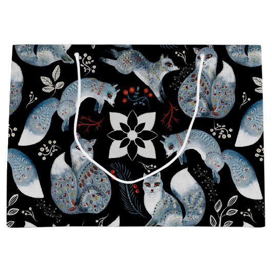  Stylized blue foxes with intricate floral designs ラージペーパーバッグ (正面)