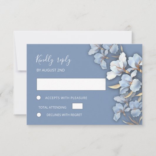 Stylized Blue Gold Lily Layered Flowers 出欠カード (正面)