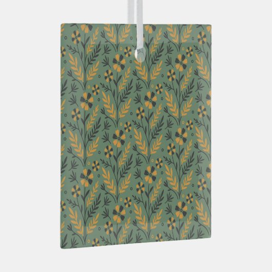 Stylized botanical orange and black floral pattern ガラスオーナメント (正面右)