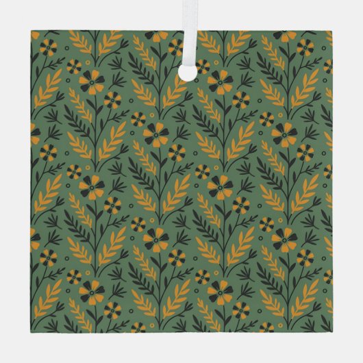 Stylized botanical orange and black floral pattern ガラスオーナメント (裏面)
