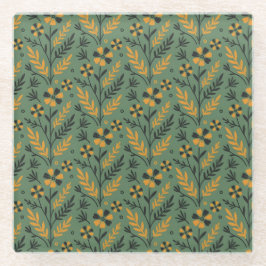 Stylized botanical orange and black floral pattern ガラスコースター