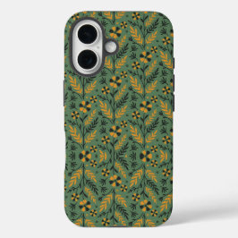 Stylized botanical orange and black floral pattern iPhone 16ケース