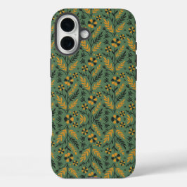 Stylized botanical orange and black floral pattern iPhone 16 plusケース