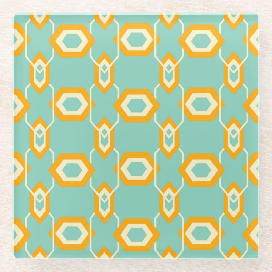 Stylized geometric pattern in bold orange hexagon ガラスコースター (正面)