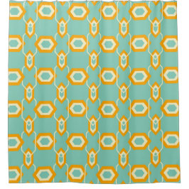 Stylized geometric pattern in bold orange hexagon シャワーカーテン