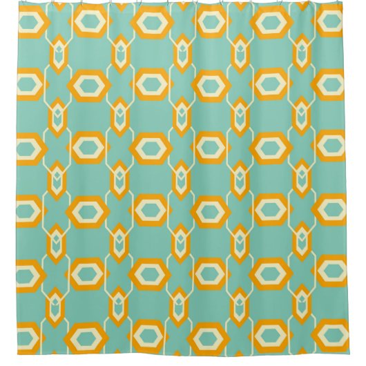 Stylized geometric pattern in bold orange hexagon シャワーカーテン (正面)