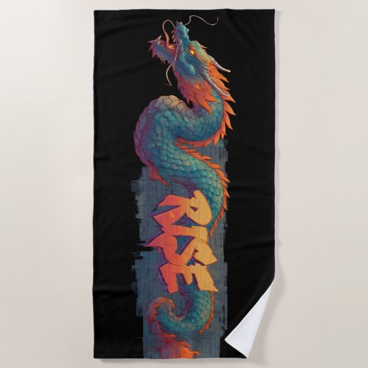 Stylized Graffiti Dragon Mural with Bold 'RISE'  ビーチタオル (正面)