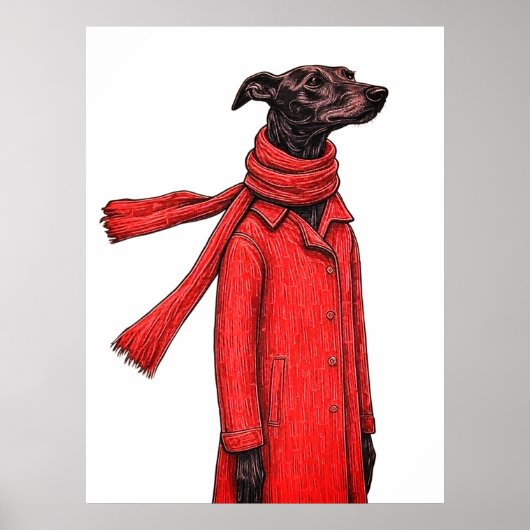 Stylized Greyhound Drawing with Red Vintage Coat ポスター (正面)