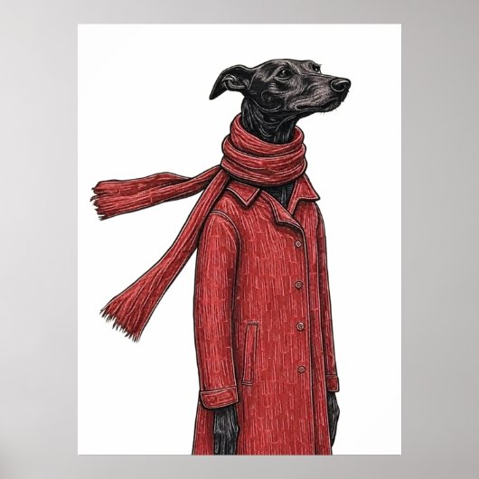 Stylized Greyhound Drawing with Red Vintage Coat ポスター (正面)