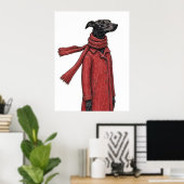 Stylized Greyhound Drawing with Red Vintage Coat ポスター (ホームオフィス)