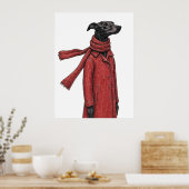 Stylized Greyhound Drawing with Red Vintage Coat ポスター (キッチン)