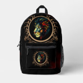 Stylized Lion Head Portrait in Mandala Frame  プリントバックパック (正面)