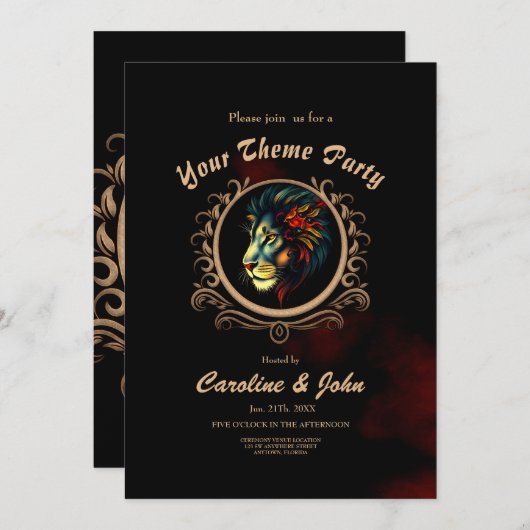 Stylized Lion Head Portrait in Mandala Frame 招待状 (正面/裏面)