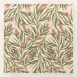 Stylized pink bell-shaped floral pattern ガラスコースター