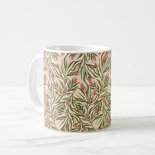 Stylized pink bell-shaped floral pattern コーヒーマグカップ (正面左)